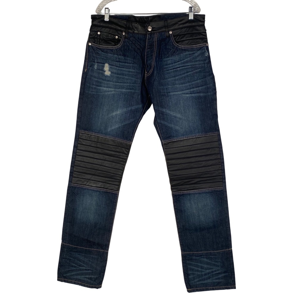 Winchester 1866 Mens Moto‎ Biker Jeans Dark Wash Faux Leather Trim Blue 36 36